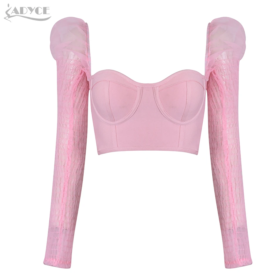 

ADYCE 2020 New Summer Women Strapless Lace Pink Fashion Bandage Tops Sexy Tight Lady Celebrity Runway Party Club Crop Top
