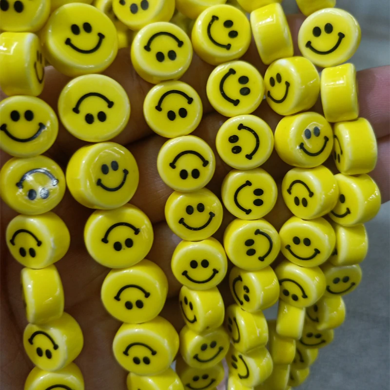 50pcs 노란색 웃는 얼굴 도자기 구슬 8mm 10mm 12mm 느슨한 스페이서 DIY 세라믹 구슬 보석 팔찌 목걸이 만들기위한