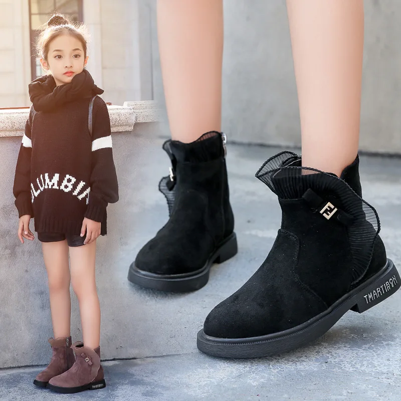 Genuine Leather Kids Martin Boots Princess Lace Trim Boots Girl Snow Shoes Warm Fur Children Ankle Boots Toddler Winter Girl