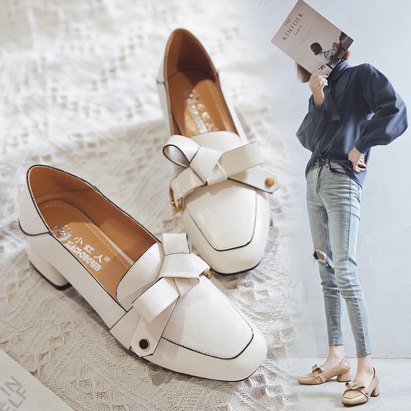 spring and autumn new fashion bow single shoes square head wild casual shoes comfortable British women's shoes