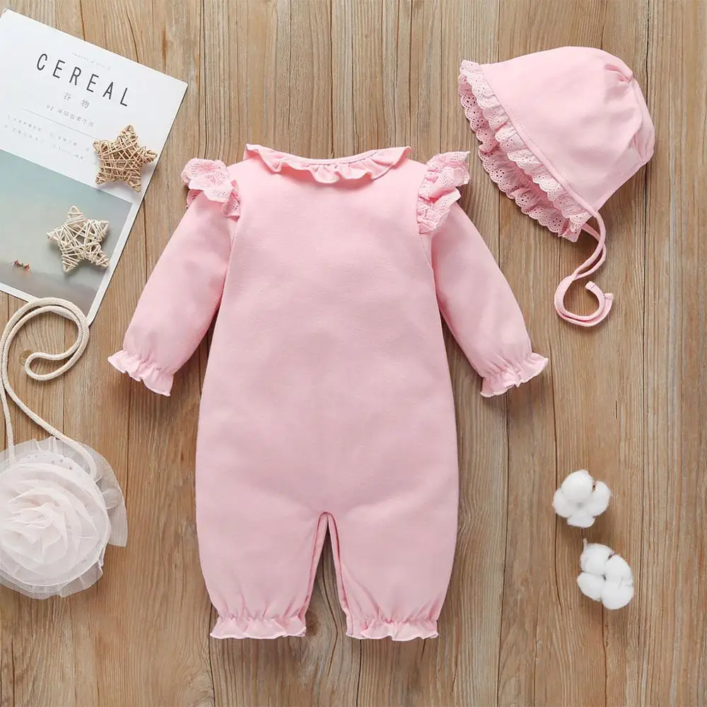 

Baby's Jumpsuit New Born Long Sleeve Solid Lace Ruffles Romper Jumpsuit+Hat Outfits Baby Girl Clothes Baby Boy One Piece Outfit