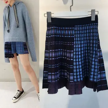 

Knitted blue plaid check pleated-skirt Women Skirts elastic waist