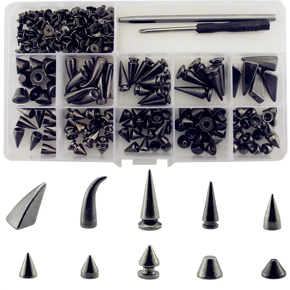 Mixed 10 Designs 120pcs Metal-Black Spikes And Studs For Clothes DIY Punk  Rivets For Leather Bag shoes Handcraft With Tools