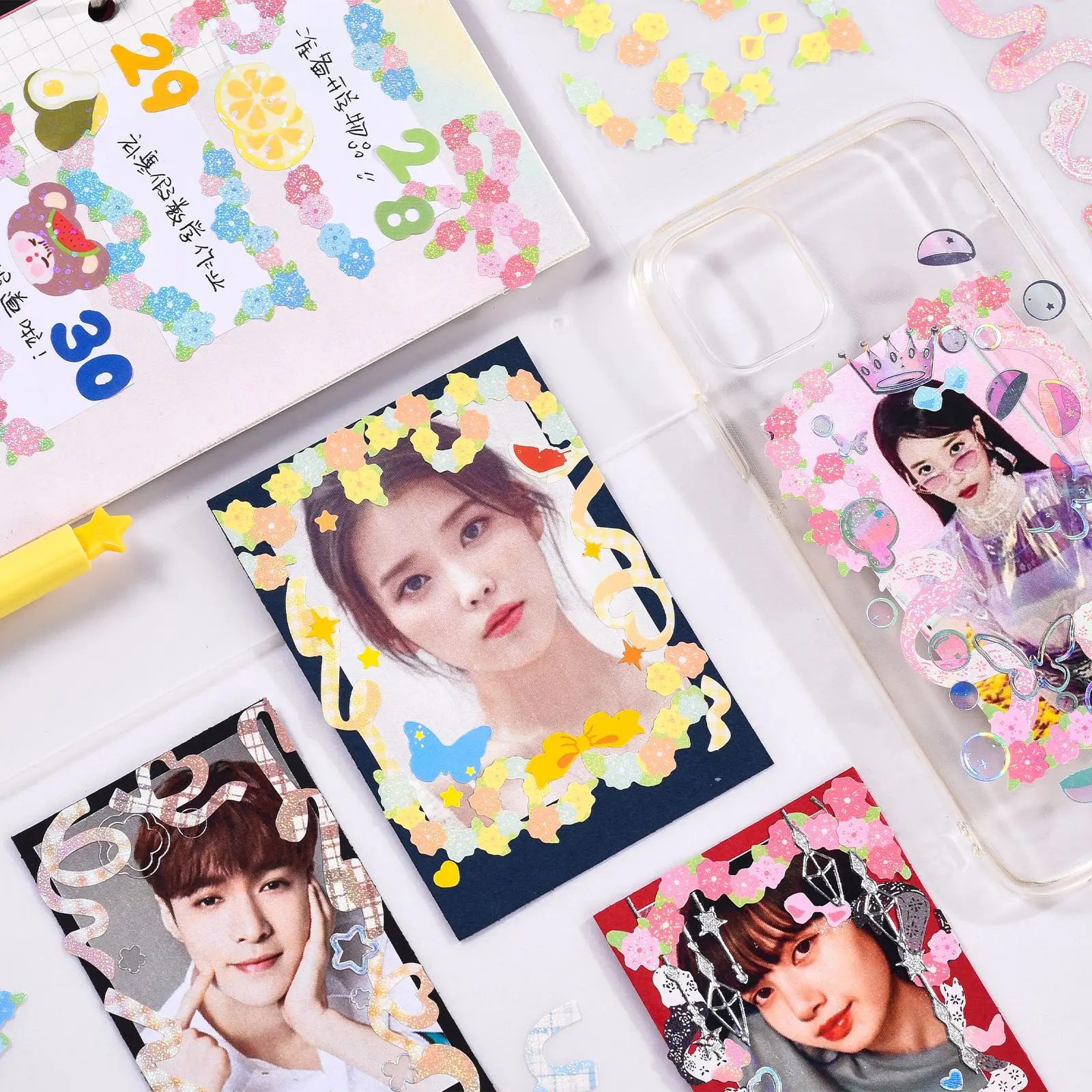 100Sheets Korean Deco Stickers Set, Kpop Potocard Korean Stickers with Cute  Rabbit Bear Cat Flower Ribbon Animal, DIY Colorful Glitter Self Adhesive