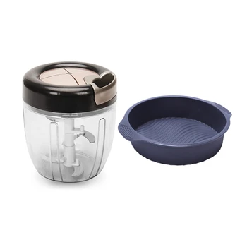 

Round Cake Mold Pan Bakeware Tray 11.4 x 9.6 x 2.36 Inch Gray with 900Ml Garlic Onion Chopper Meat Grinder