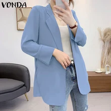 VONDA 2021 Women Shirts Suit Blazer Oversized Autumn Casual Lapel Collar Solid Color Button Up Pleated Coats With Pockets