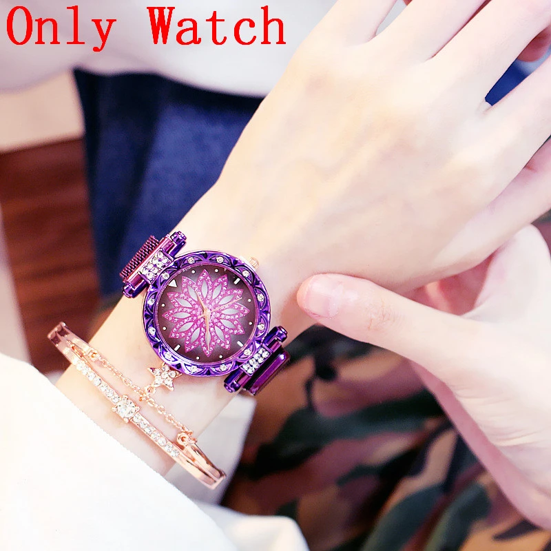 Горячая Распродажа, женские часы с магнитной пряжкой и цветочным принтом, роскошные женские Стразы, кварцевые часы, браслет, набор, Relogio Feminino - Цвет: purple