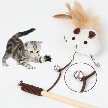 

40cm Wood Rod Mouse Toy With Mini Bell Cat Interactive Toys Feather Linen Wand Cat Catcher Teaser Stick Pet Cat Teaser Toys