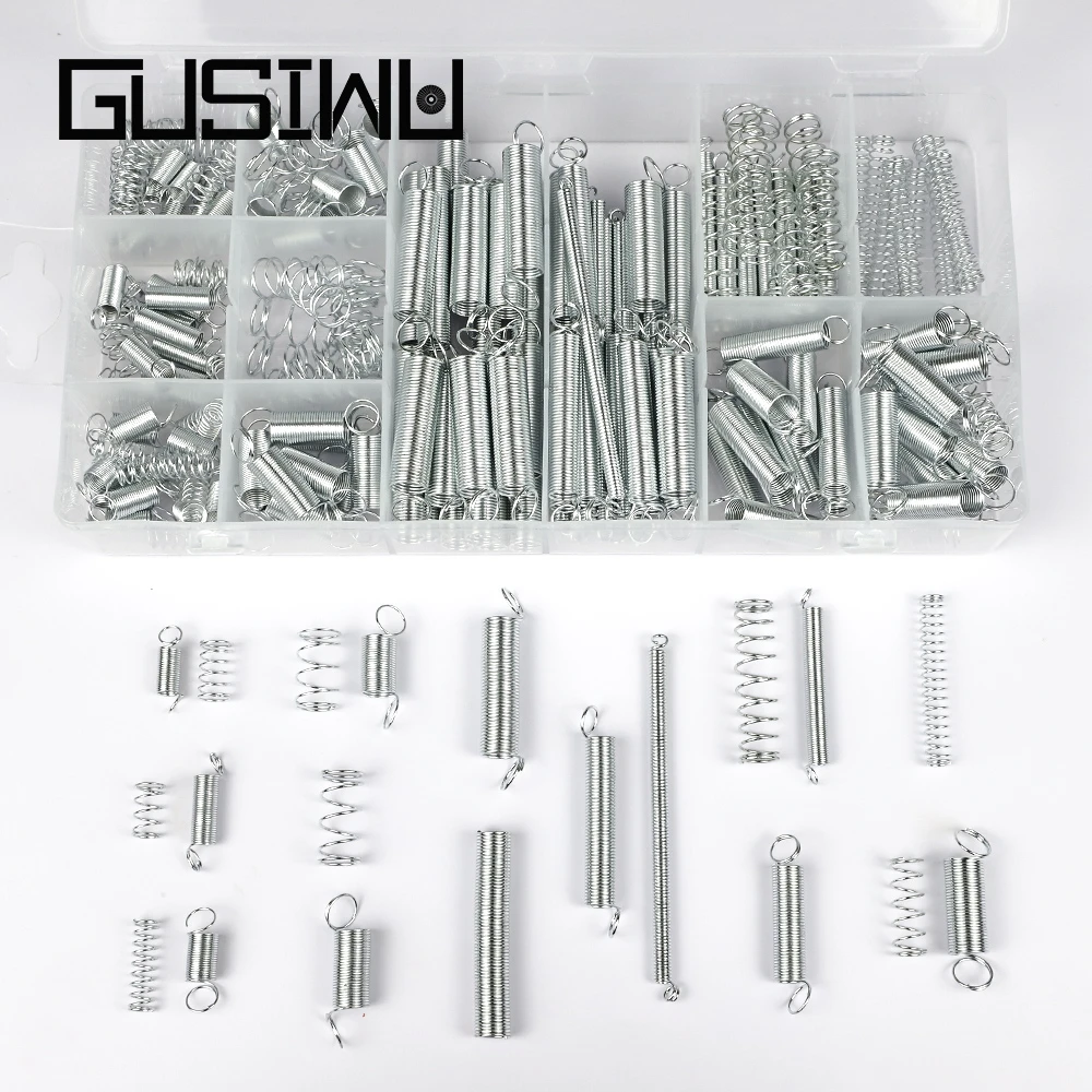 Gusiwu 200pcs Spring Assortment Set Steel Wire Spring Kit Set Zinc Plated Compression Extension