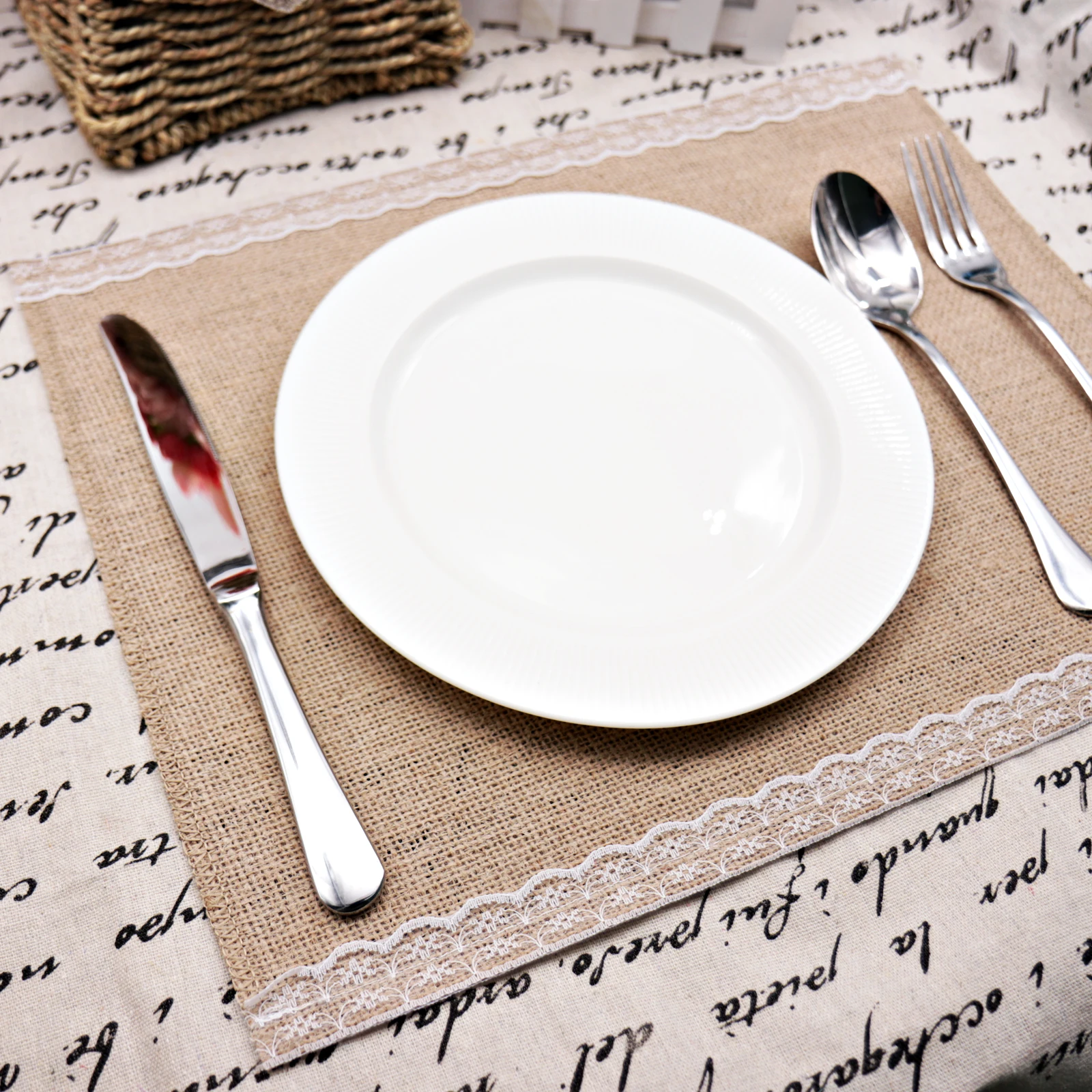 

Jute Burlap placemat dining table mat Lace coasters slip-resistant Bowl Disc Pad napkin rustic wedding Christmas party decor