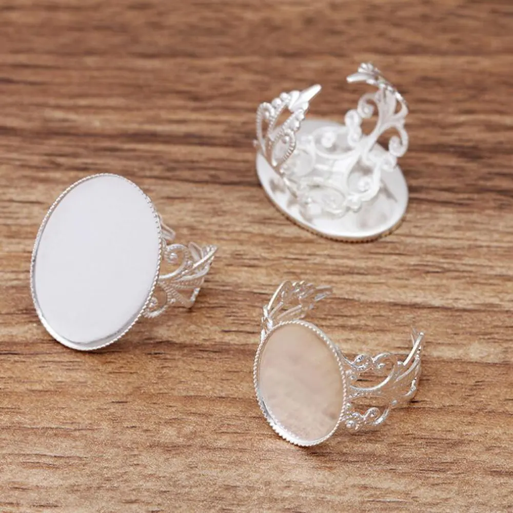 

100pcs silver plated filigree ring bezel into 13x18mm 18x25mm tray adjustable ring blanks findings ring base cabochon settings