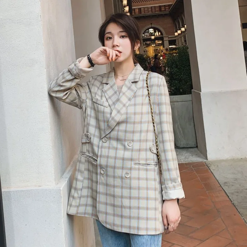 

20192019 Elegant Ol Light Gray Retro Plaid Mid-length Korean-style Double Breasted Able Small Suit Coat Women's