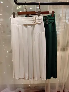

Midi Pleated Skirt For Women High Waist White / Green Casual Party Skirt Korean Ladies Autumn Winter Fashion 2020