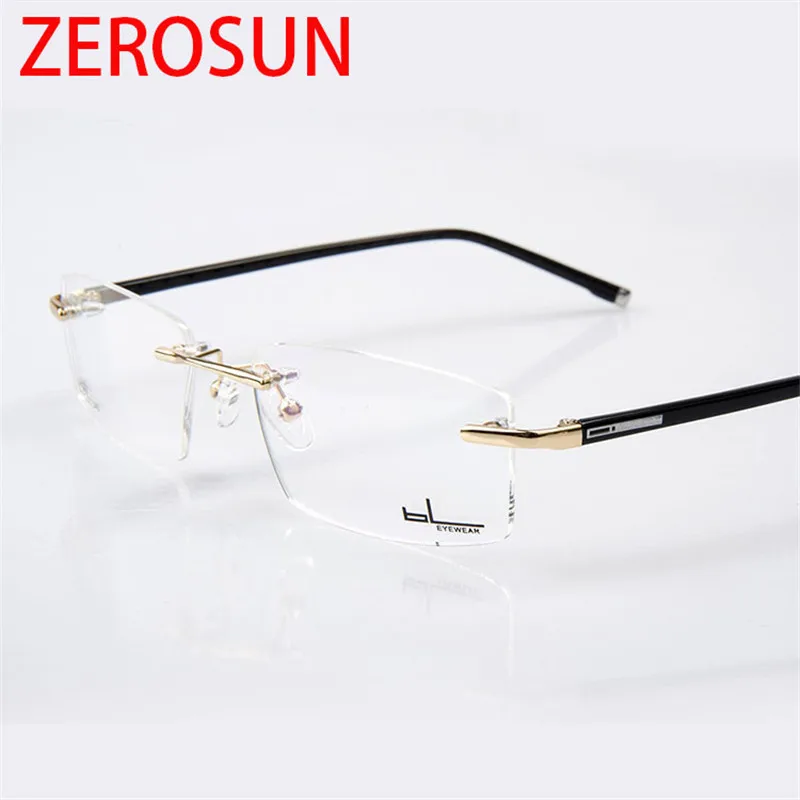 Zerosun Rimless Glasses Men Brand Spectacles for Prescription Graduate Lens Case Free MR-8 Anti Scratch Reflection Progressive |
