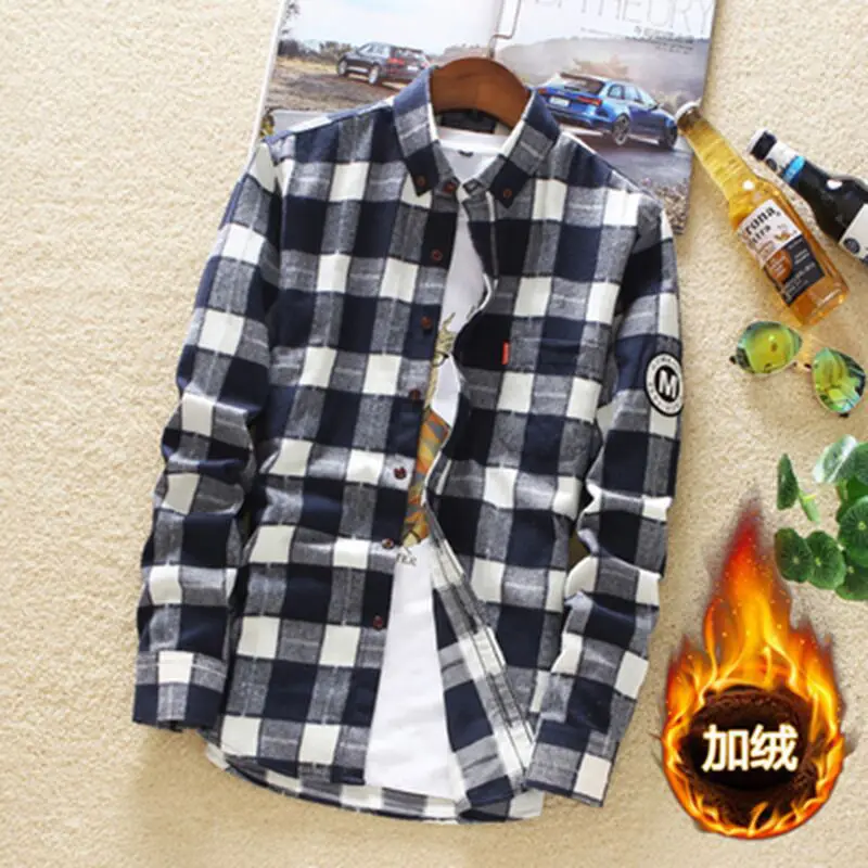 Plaid 09 4XL 5XL большой размер мужская деловая Повседневная клетчатая рубашка с длинными рукавами бархатная Толстая Теплая мужская деловая платье-рубашка в полоску плюс - Цвет: Plaid 09