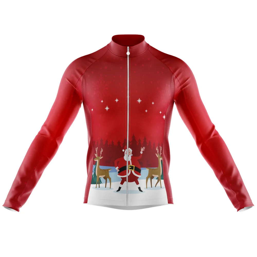 

20222 New Christmas Men's Santa Claus Cycling Jersey Elk Print Autumn Winter Fleece Long Sleeve Bike Shirt Red Bicycle Clothing