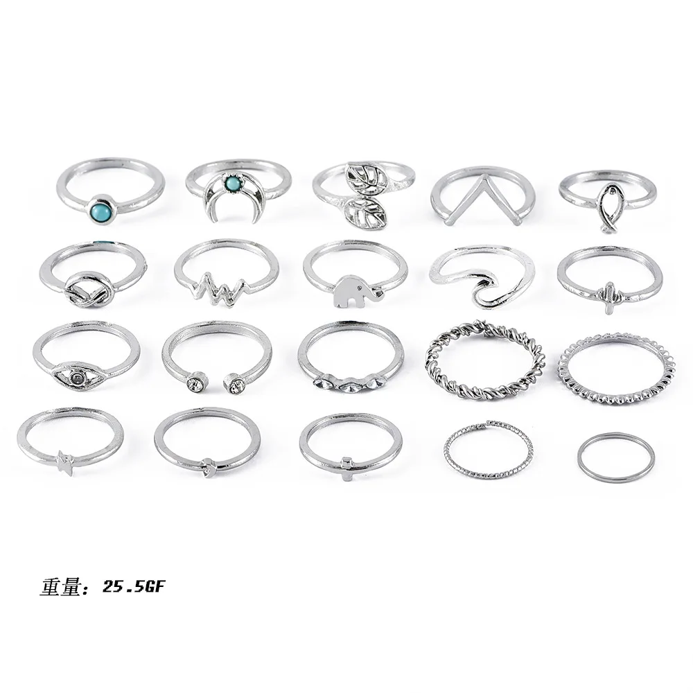 20 pieces/set silver color retro moon star ring ladies fashion bohemian ring set popular jewelry party gift