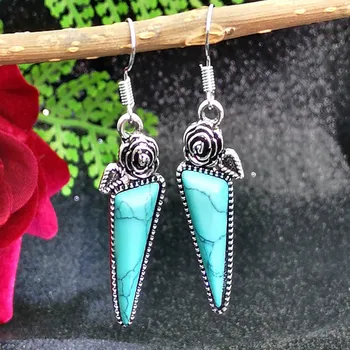 

Bohemian Ethnic Long Statement Retro Thai Silver Rose Earrings Ancient Silver Color Creative Water Drops Blue Stone Earrings
