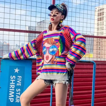 

XUXI 2019 New Fashion Autumn Round Collar Striped Cartoon Character Sequin Stitching Sweater Women Pullover Female FZ0291