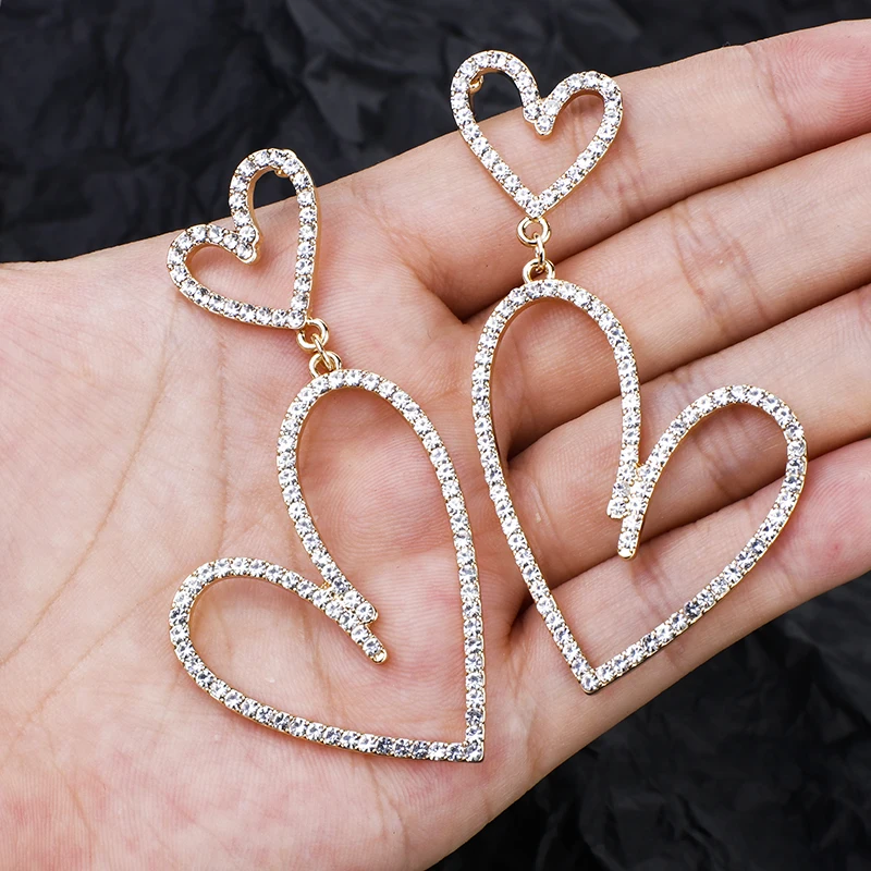 Gold Color AENSOA корейские серьги в форме сердца с кристаллами, простые дикие стразы, большие полые серьги, ювелирные изделия, длинные серьги - Окраска металла: Gold Color