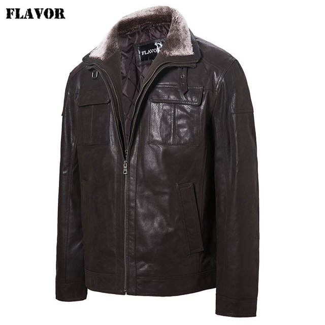 FLAVOR Men’s Real Leather Jacket Filling Cotton Men Winter Warm Coat With Removable Fur Collar
