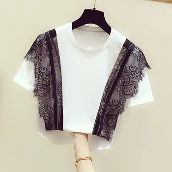 

2020 Summer New T Shirts Korean Style Fashion Lace Ruffles Stitching Ladies T Shirts Short-Sleeve Round Collar Casual Tops