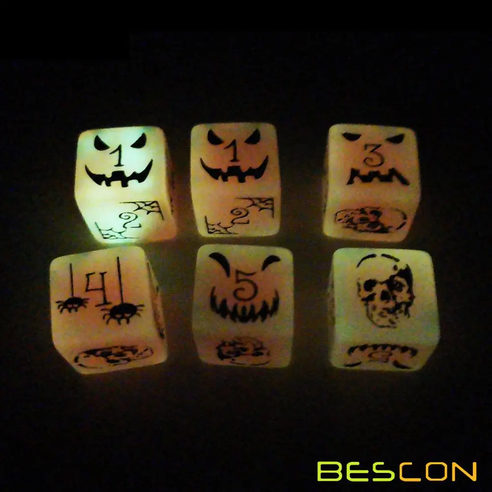 Set of 6 Bescon Luminous Halloween Dice 6 Sides, Glow in Dark 6 Sided Halloween Dice Set in Velvet Pouch 2