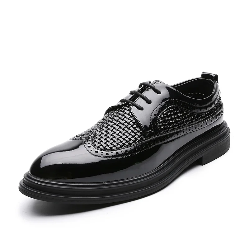 

High Glossy Patent Leather MEN'S OXFORDS Shoes Braided Pattern Design Wing Toe Lace-ups Derby Shoes Black Wingtip Dress Shoe