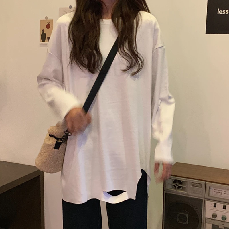 Moda feminina, новинка, женская одежда, футболки с круглым вырезом, одноцветные, простые, корейский стиль, топы ins vetement femme, свободные футболки с длинным рукавом