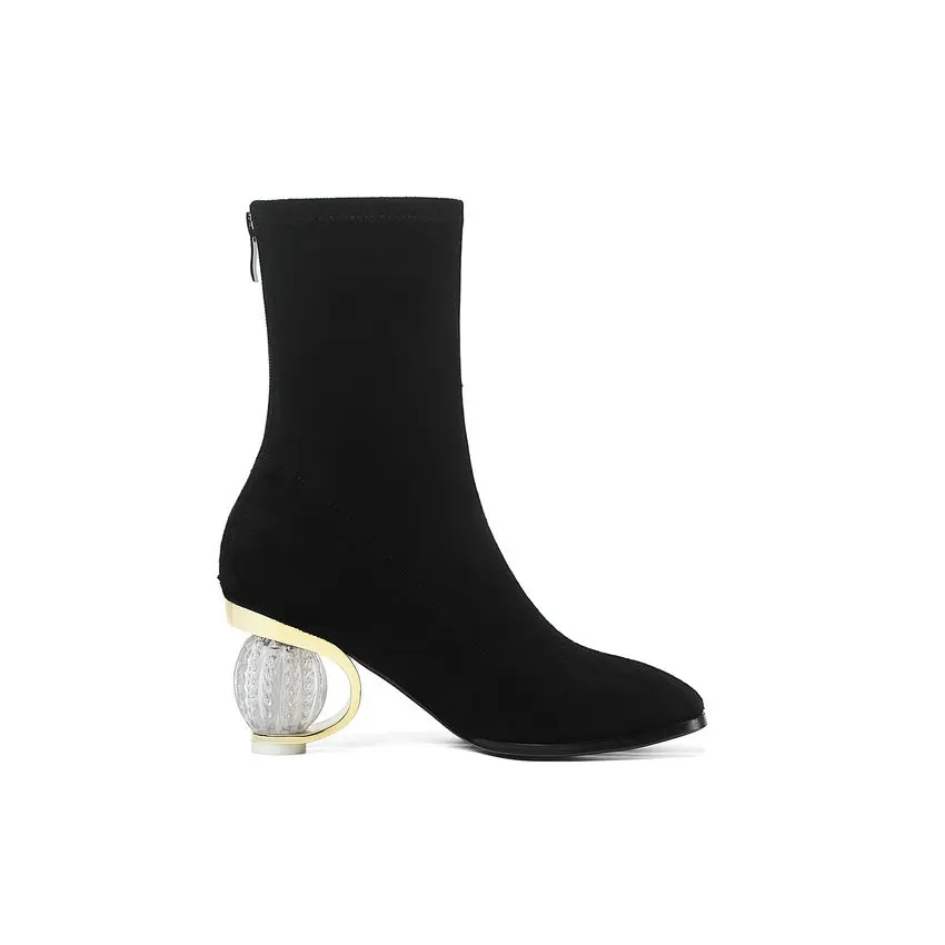 QUTAA Embroidery Flowers Flock Autumn Winter Women Shoes Strange High Heel Square Toe Zipper Mid Calf Boots Big Size 34-43