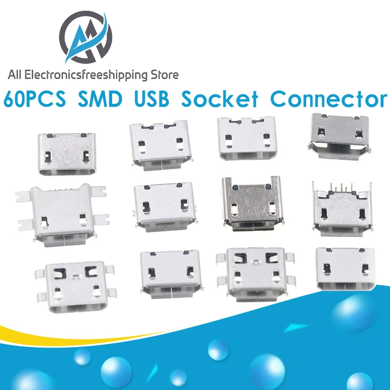 

60pcs/lot 5 Pin SMT Socket Connector Micro USB Type B Female Placement 12 Models SMD DIP Socket Connector