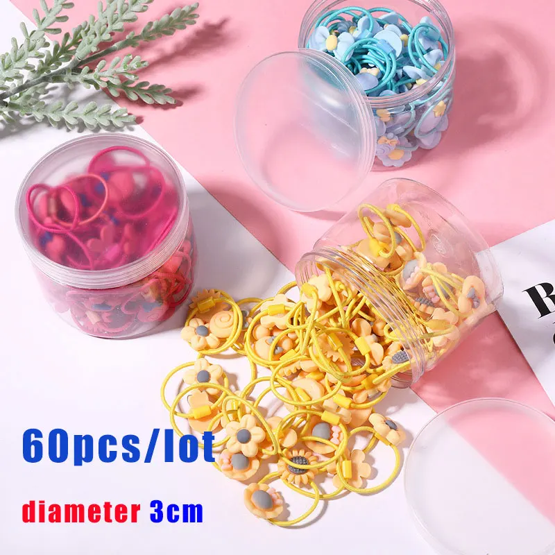 60pcs/lot Small Rubber Elastic Hair Band Cartoon Flower Resin Children's Hair Ring Hair Accessories for Girl