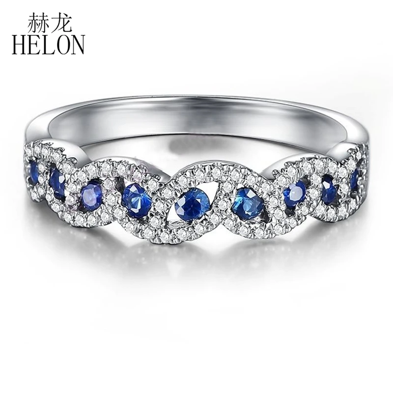 

HELON Solid 10K White Gold Certified Round 0.7CT Genuine Natural Sapphires Real Natural Diamond Jewelry Engagement Wedding Ring