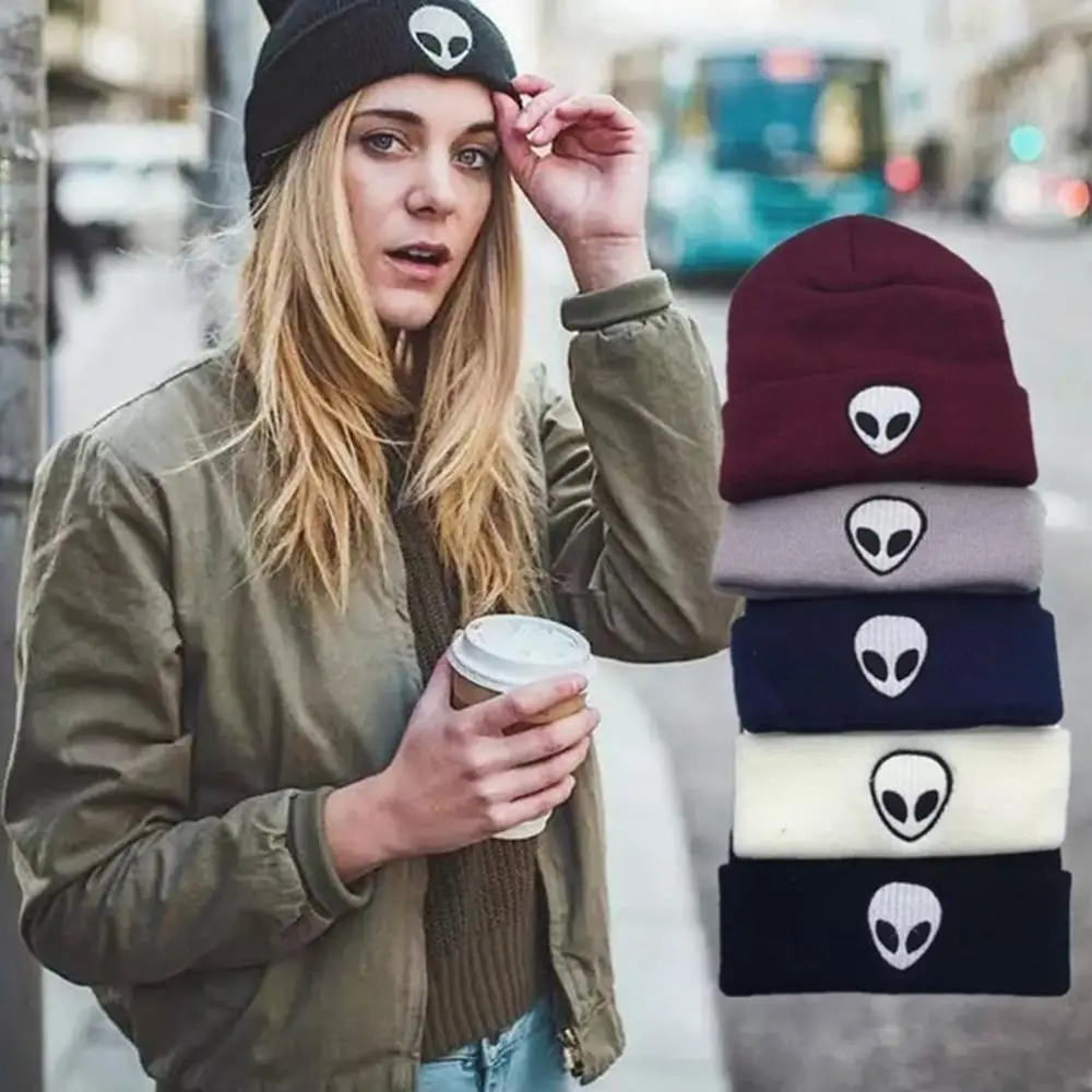 

Hot Sale New Autumn Winter Hat Women Solid Color Alien Pattern Knitted Hat Wool Soft Cap Men Women Hats Christmas Gifts