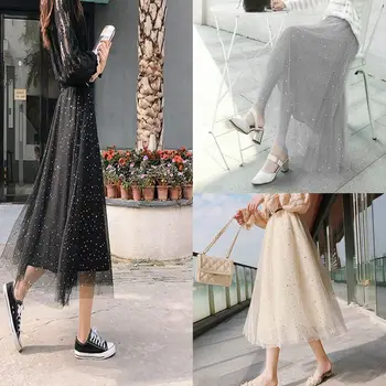 

2020 New Women Pleated Tulle Skirts Shiny Five-pointed Star Fairy Mesh Party One Size Skirt