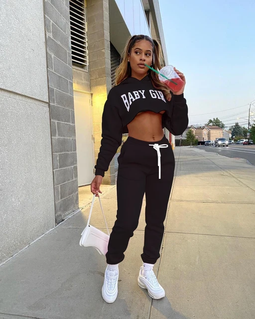 Set Hooded Crop Top Jogger Pants Set 