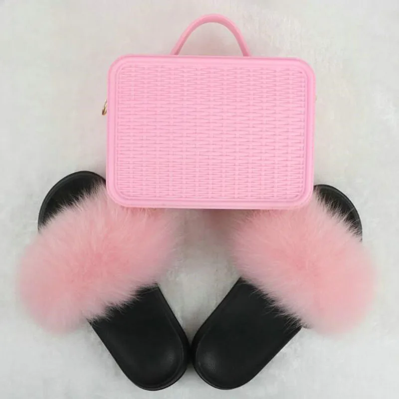 Pink Разноцветные матовые женские сандалии с мехом лисы и сумочкой в комплекте; женские меховые шлепанцы; большие размеры - Цвет: Pink