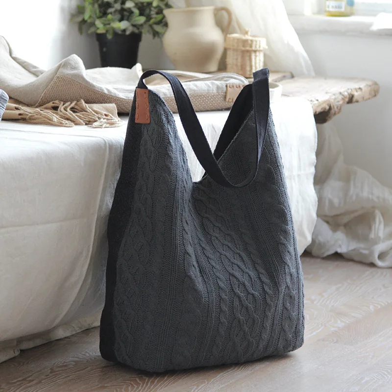 Классический кабель-трикотажная сумка Лоскутная с льняной Женская Повседневная Высококачественная сутуляющаяся сумка женская винтажная стильная плечевая сумка-хобо - Color: Black