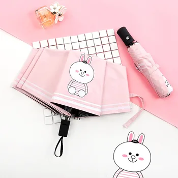 

flexible anti-thunder fiberglass windproof 5 times black coating anti-UV parasol pocket folding mini adorable rabbit umbrella