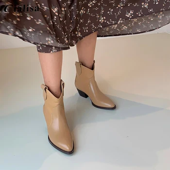

CIALISA Women Shoes Genuine Leather Mid Heel Boot 2020 Fashion High Quality Pointed Toe Slip On Wedge Handmade Western Boot