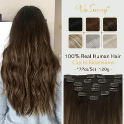 VeSunny Clip on Hair Extensions Human Hair Double Weft 7pcs  Women Toupee Balayage Natural Black Highlighted Brown 100gr