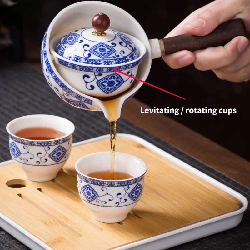 Travel Tea Set Ceramic Teacup Automatic Rotating Teapot Chinese Kung Fu Tea Brewer Filterable Suitable for 4 People for
