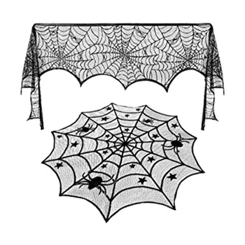 

Round Lace Table Topper Black Spider Tablecloth and Fireplace Spider Decorations Lace Spiderweb for Halloween Window