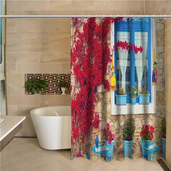 

Coastal Odorless Waterproof Shower Curtain Italian Design Mediterranean House with Greek Windows Print Large Home DecorationPale