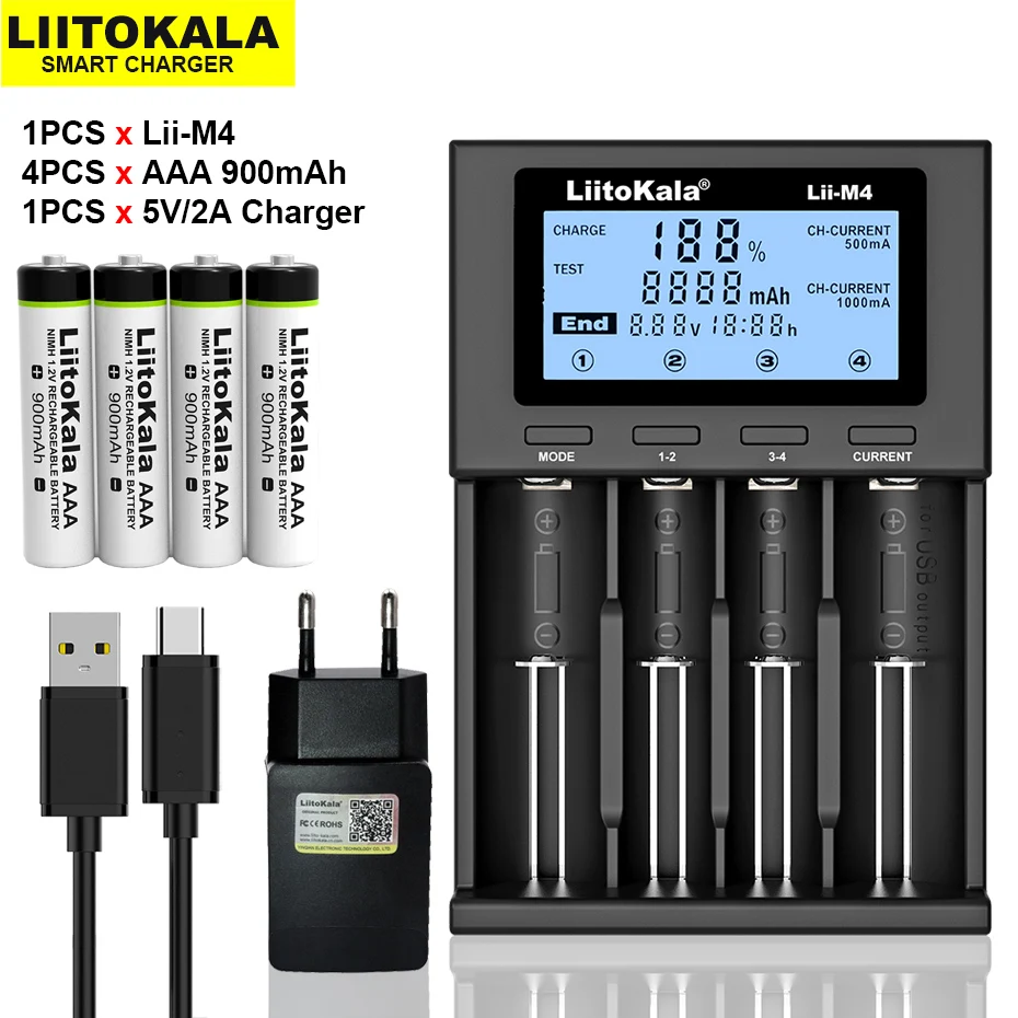 

Умное зарядное устройство LiitoKala, 18650 литий-ионная аккумуляторная батарея, 4 шт., AAA, 1,2 в, NiMH, 900 мАч, 5 В, 2 А