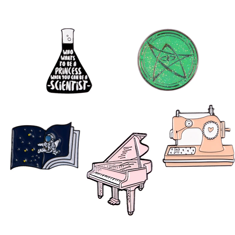 

Vintage machine enamel pin Pink piano Sewing machine brooch badge Scientific flask Space astronaut book lapel pin jewelry gfit