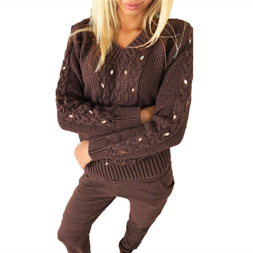 TAOVK женский свитер костюм алмаз витой v-образным вырезом пуловер свитер с брюками вязаный комплект из двух предметов