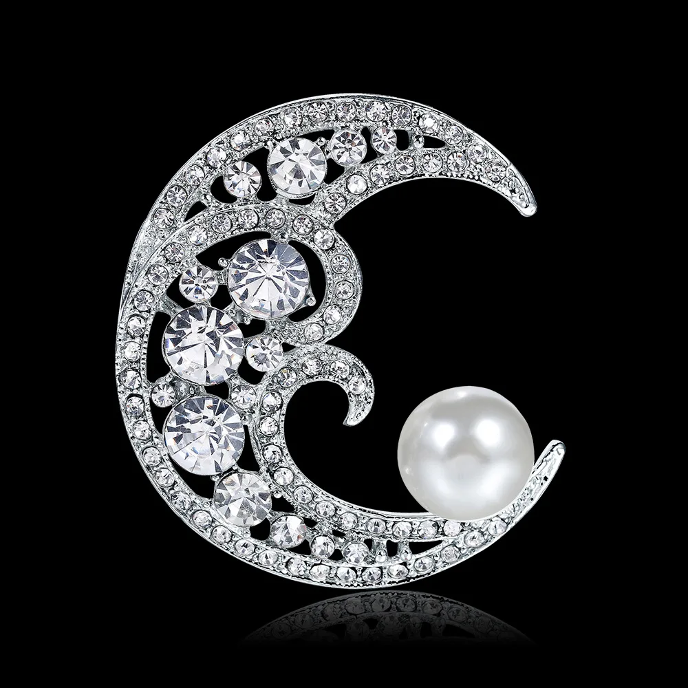 

Crystal Rhinestones Diamante Imitation Pearl Moon Brooch Pins for Women Dress Scarf Pins Jewelry Accessories Designs AD063