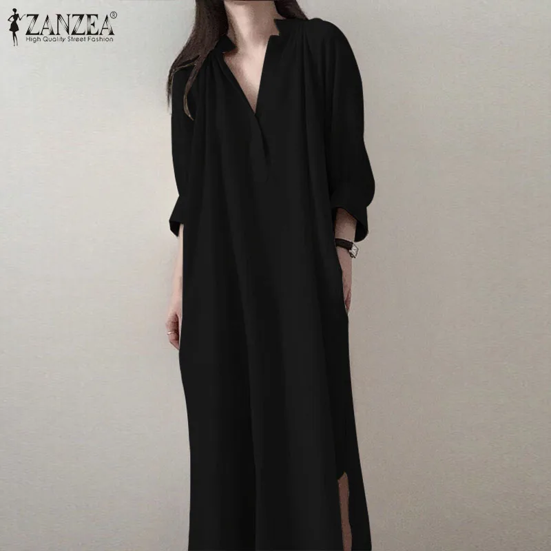 ZANZEA, женское осеннее платье, 3/4 рукав, хлопок, лен, сарафан, женский, элегантный, v-образный вырез, длинные рубашки, платье размера плюс, Раздельный подол, кафтан, платье