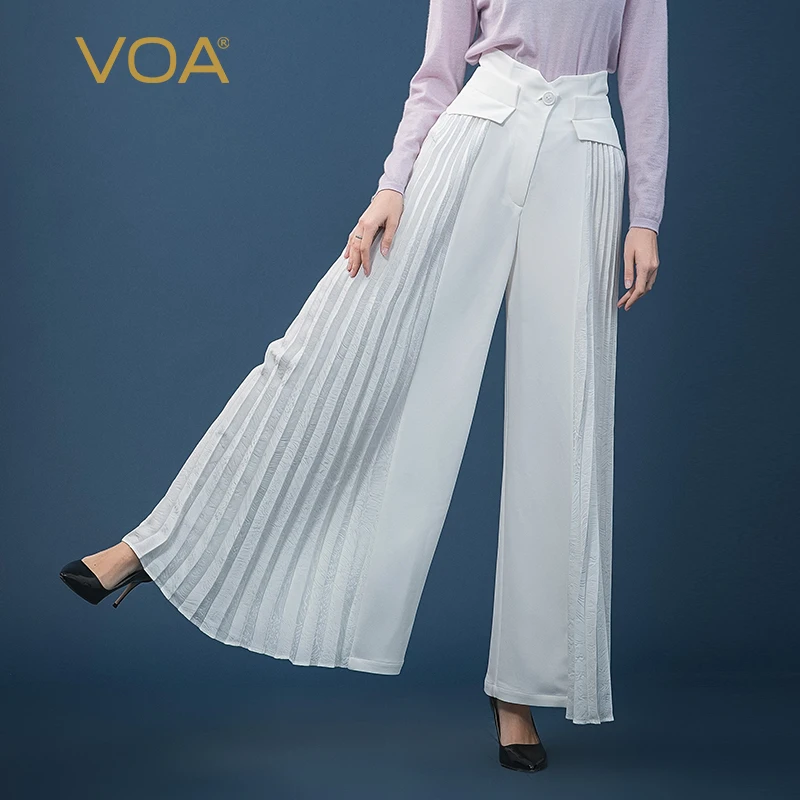 VOA pantalón clásico de seda para mujer, pantalón largo y elegante de  pierna ancha, con pliegue de órgano blanco, costura Jacquard, cintura alta,  un botón, K1227|Pantalones y pantalones capri| - AliExpress